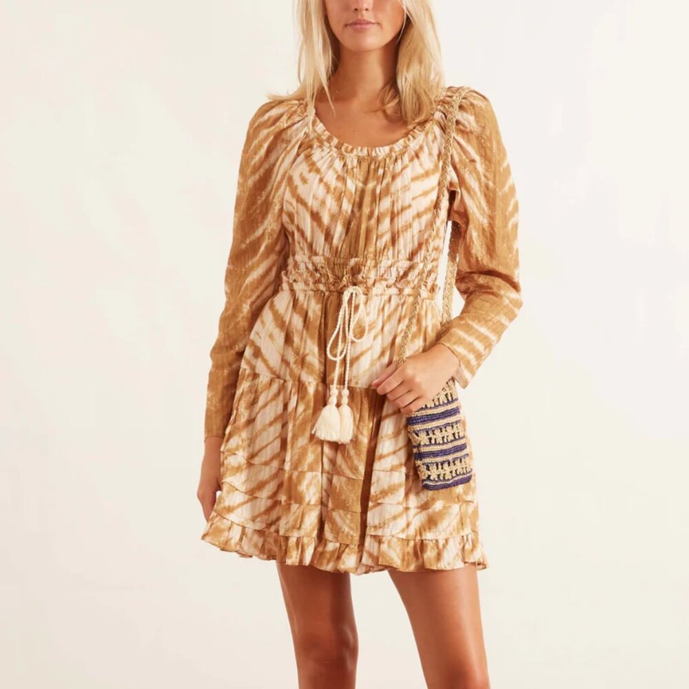 Ulla Johnson Naiara Dress Tie Dye Ruffled Trim Mini Dress in Sand
